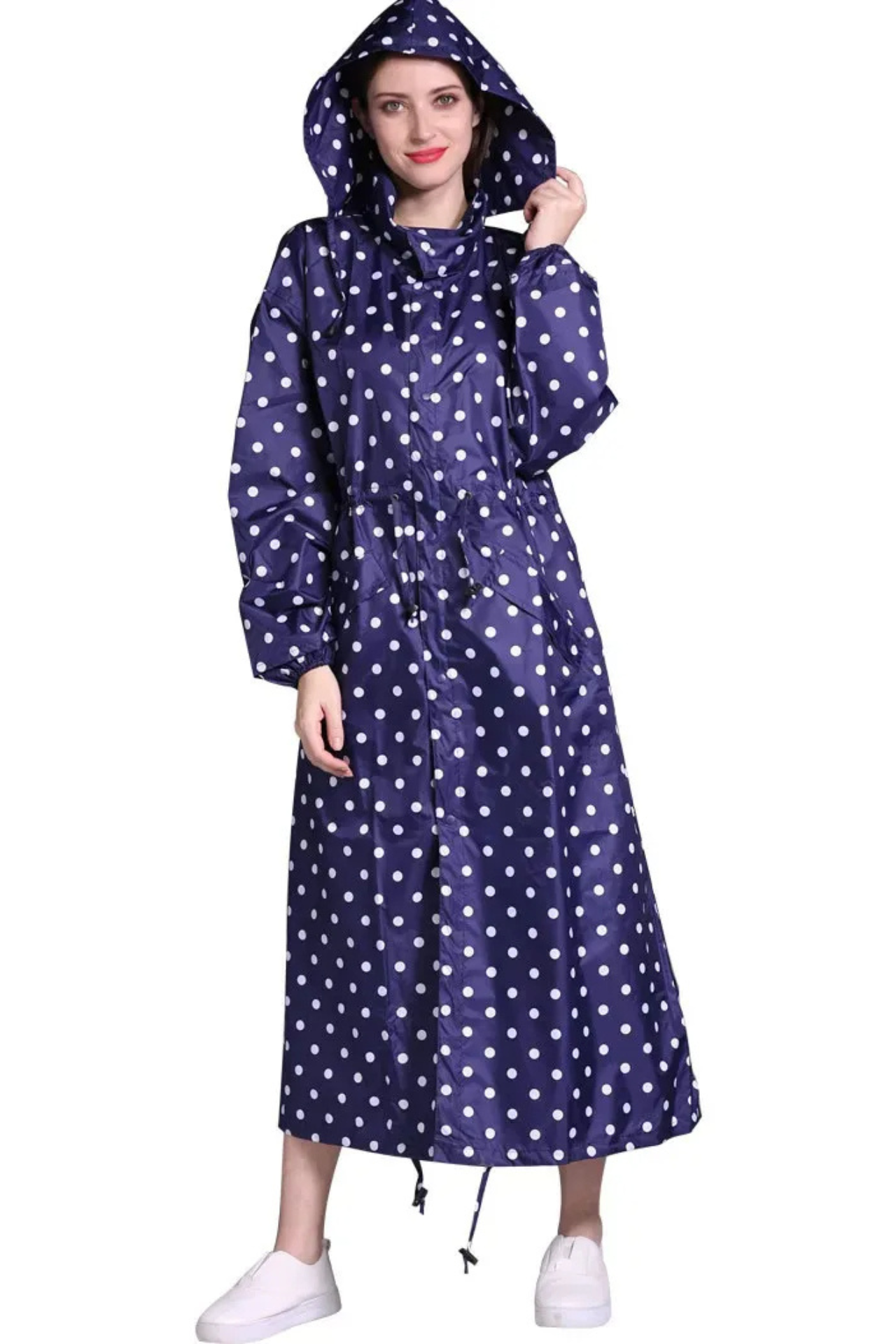 Lång regnrock med huva, dragsko i midjan, regnjacka, lång vattentät jacka för damer-Mira Lina