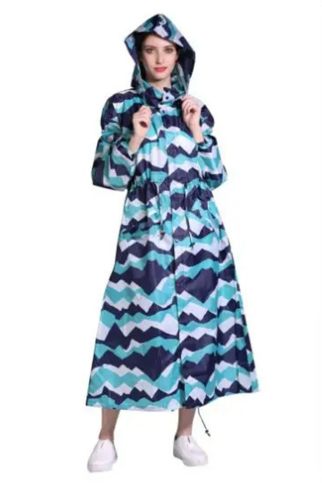 Lång regnrock med huva, dragsko i midjan, regnjacka, lång vattentät jacka för damer-Mira Lina