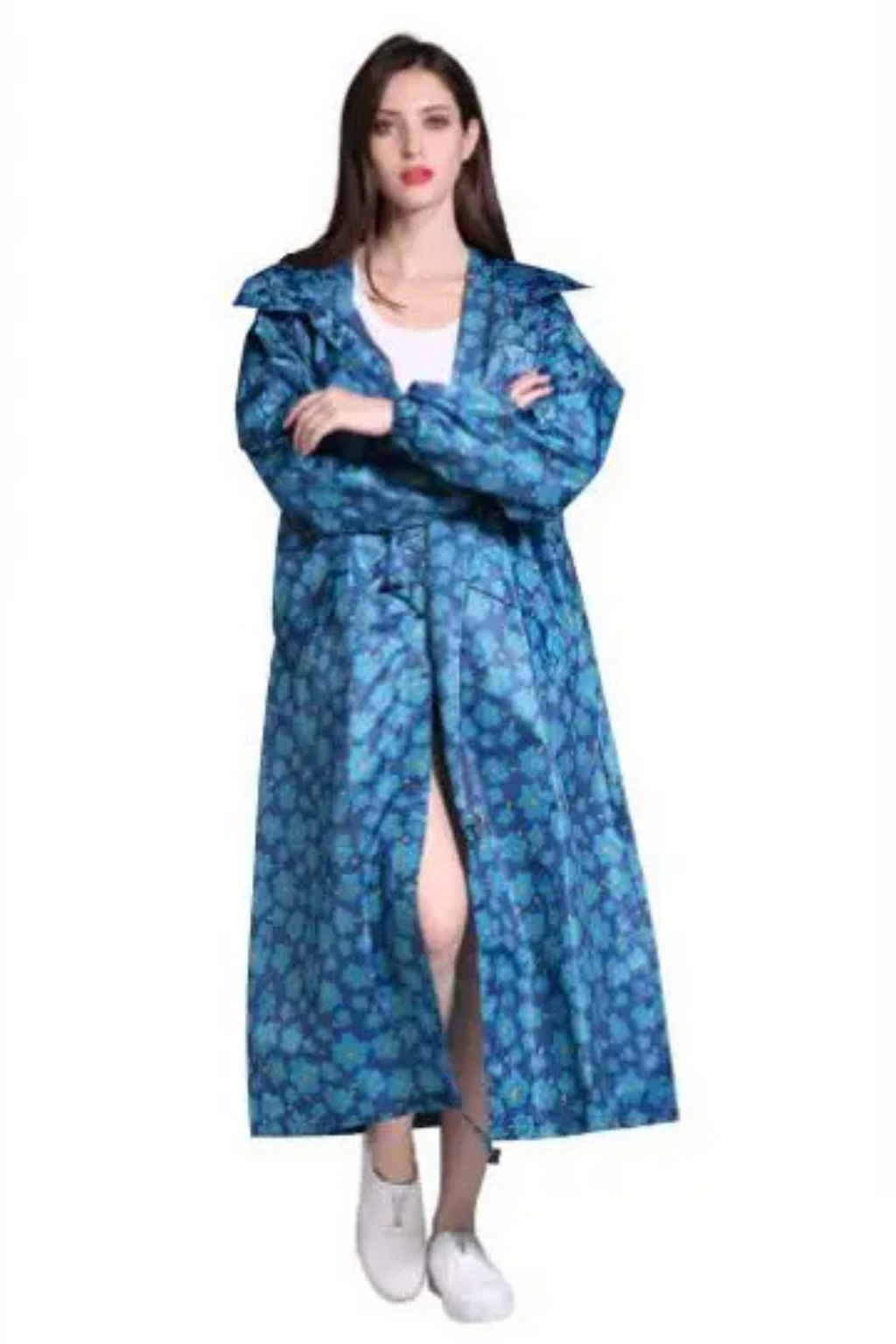 Lång regnrock med huva, dragsko i midjan, regnjacka, lång vattentät jacka för damer-Mira Lina