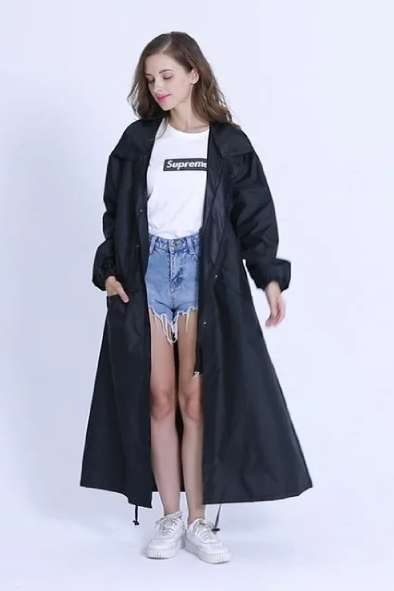 Lång regnrock med huva, dragsko i midjan, regnjacka, lång vattentät jacka för damer-Mira Lina