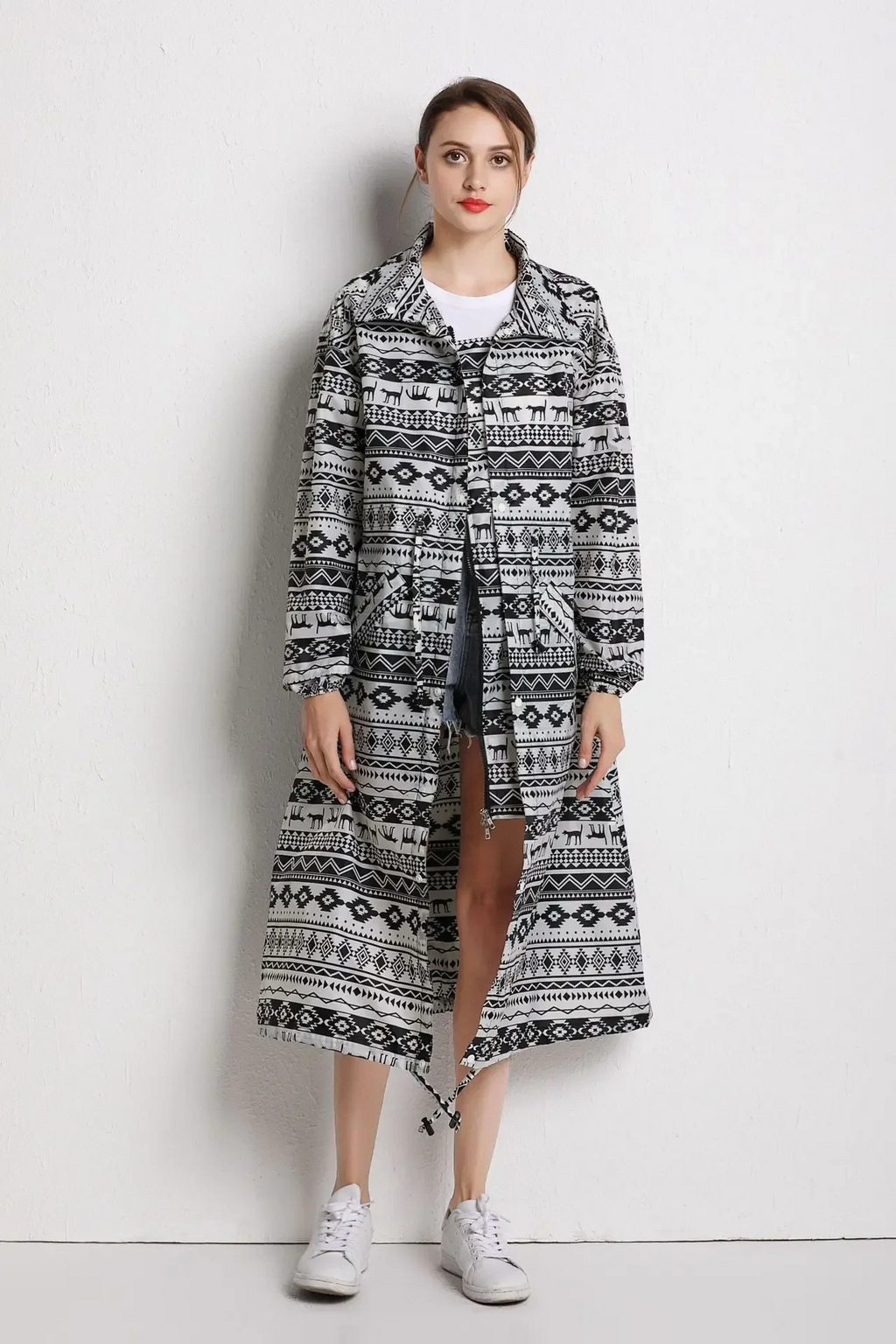 Lång regnrock med huva, dragsko i midjan, regnjacka, lång vattentät jacka för damer-Mira Lina