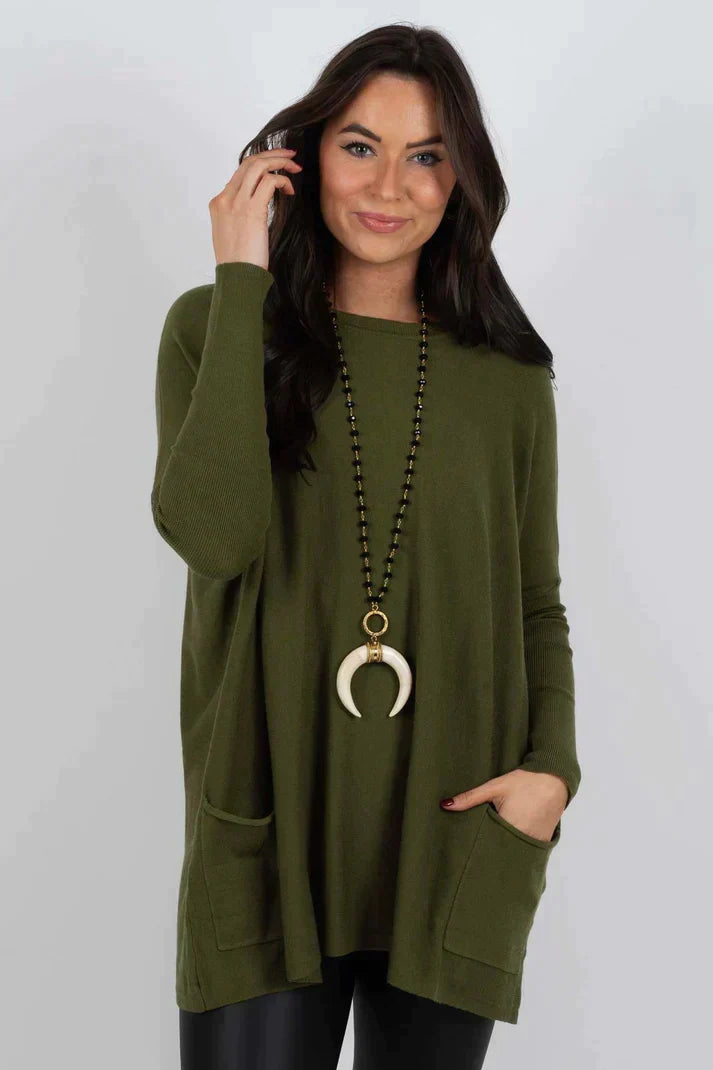 Lång tröja | Löst sittande | Fickor | Oversized tröja | Stickade plagg för damer-Mira Lina