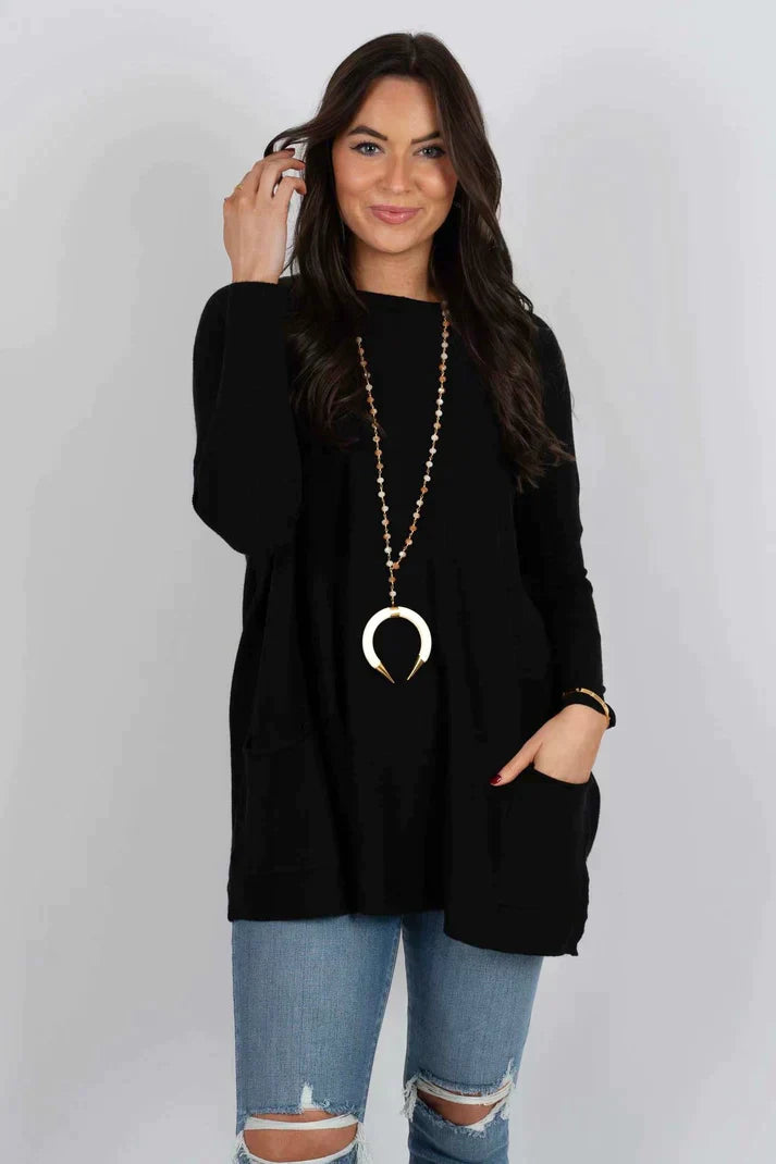 Lång tröja | Löst sittande | Fickor | Oversized tröja | Stickade plagg för damer-Mira Lina