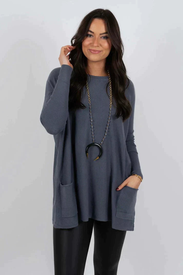 Lång tröja | Löst sittande | Fickor | Oversized tröja | Stickade plagg för damer-Mira Lina