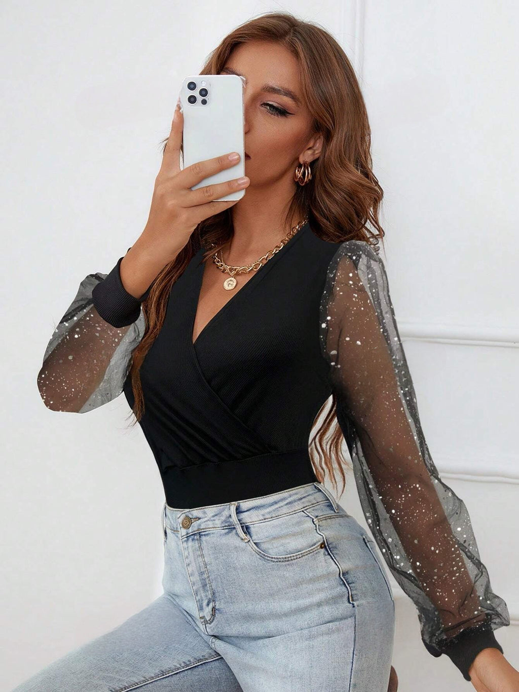 Långärmad Bodysuit - Svart - Skir ärm - V-Neck Bodysuit - Glitter Bodysuit-Mira Lina