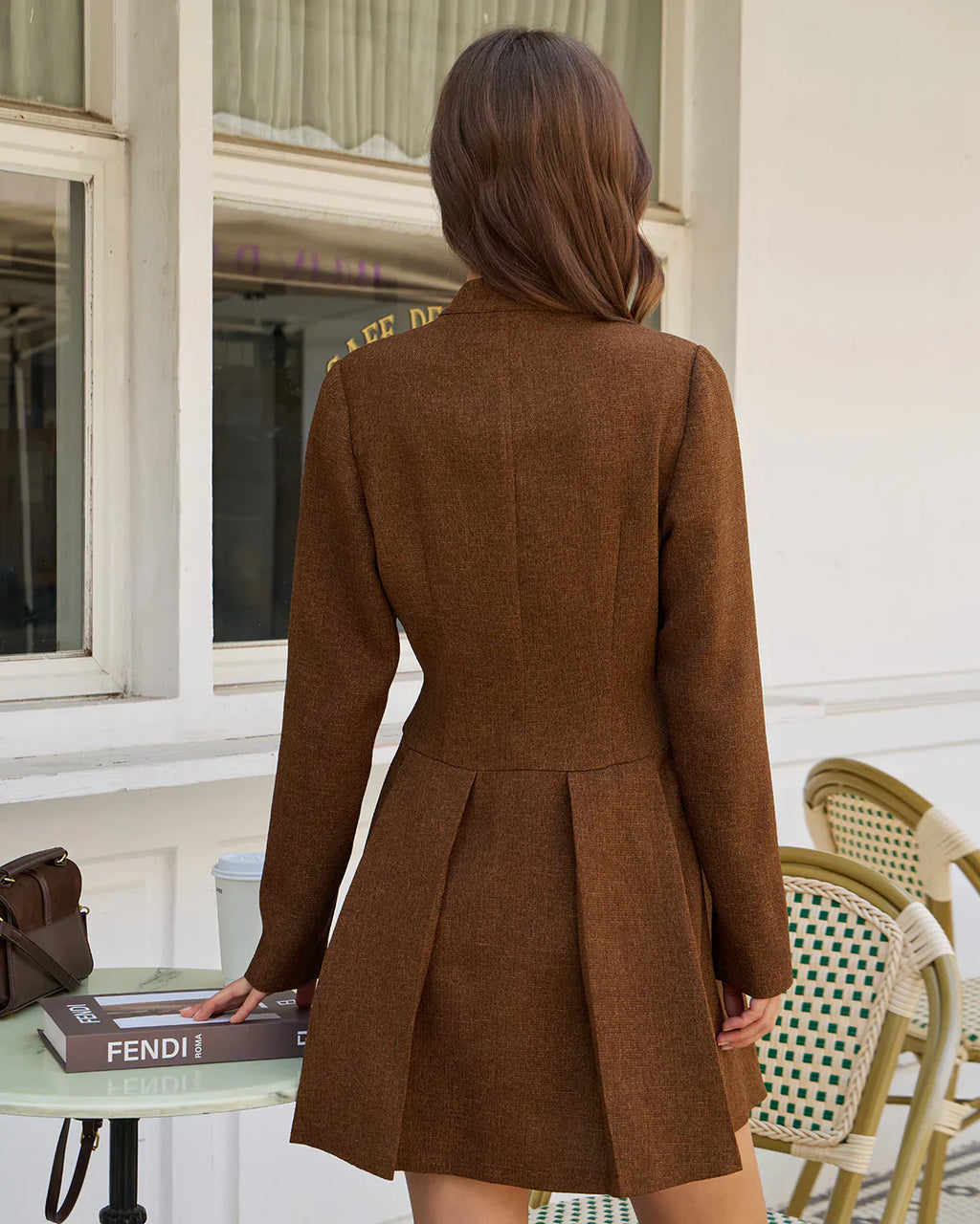 Långärmad klänning - Brun plisserad miniklänning för kvinnor till hösten-Mira Lina