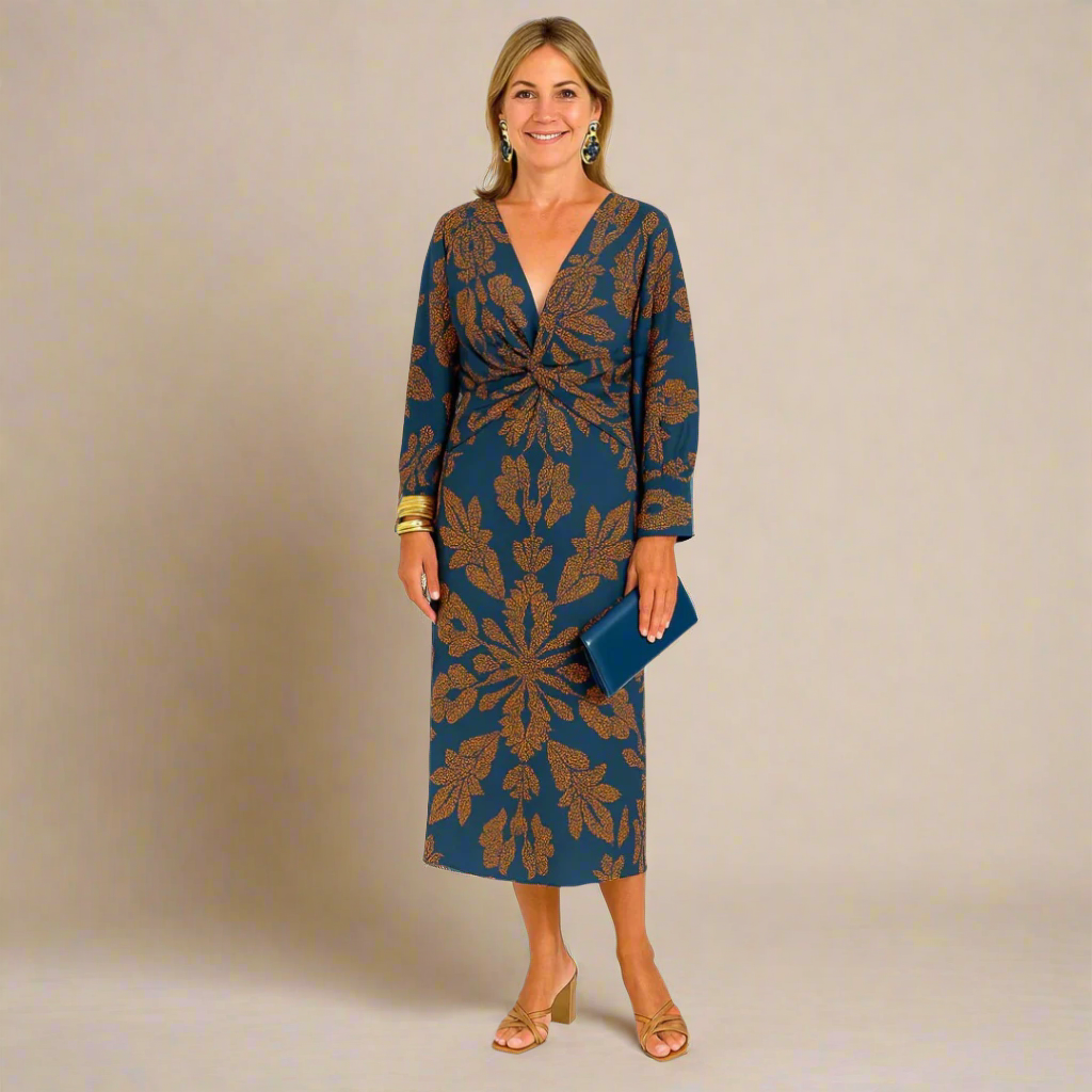 Långärmad klänning | Elegant | V-ringad | Midiklänning | Lång klänning-Mira Lina