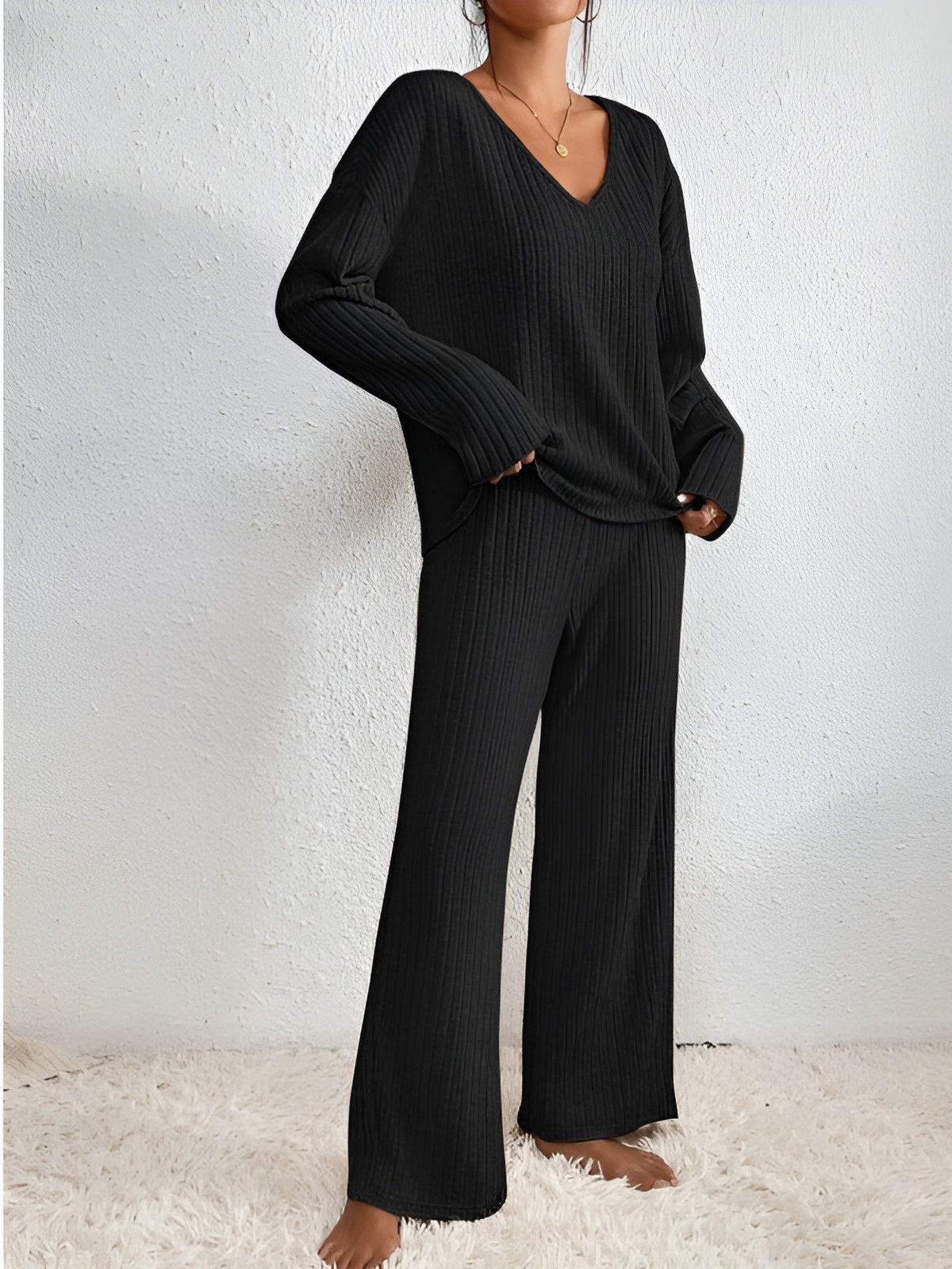 Lounge Set - Ribbat långärmat stickat lounge set för kvinnor-Mira Lina