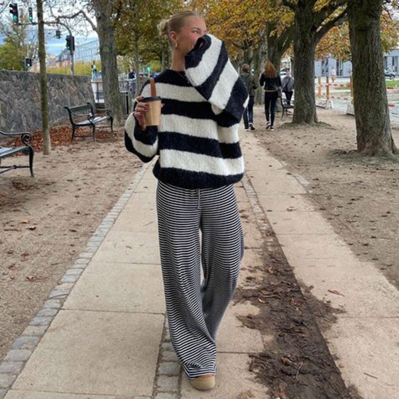 Loungebyxor | Randiga | Loose Fit | Byxor med vida ben | Byxor för kvinnor-Mira Lina