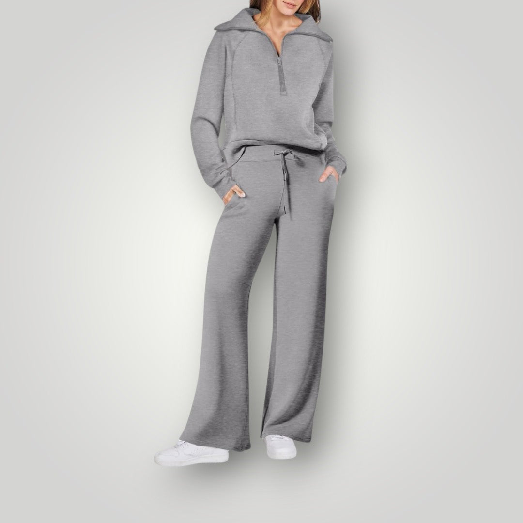 Loungewear-set | Halv dragkedja | Vida ben | Tvådelat set | Träningsdräkt för damer-Mira Lina