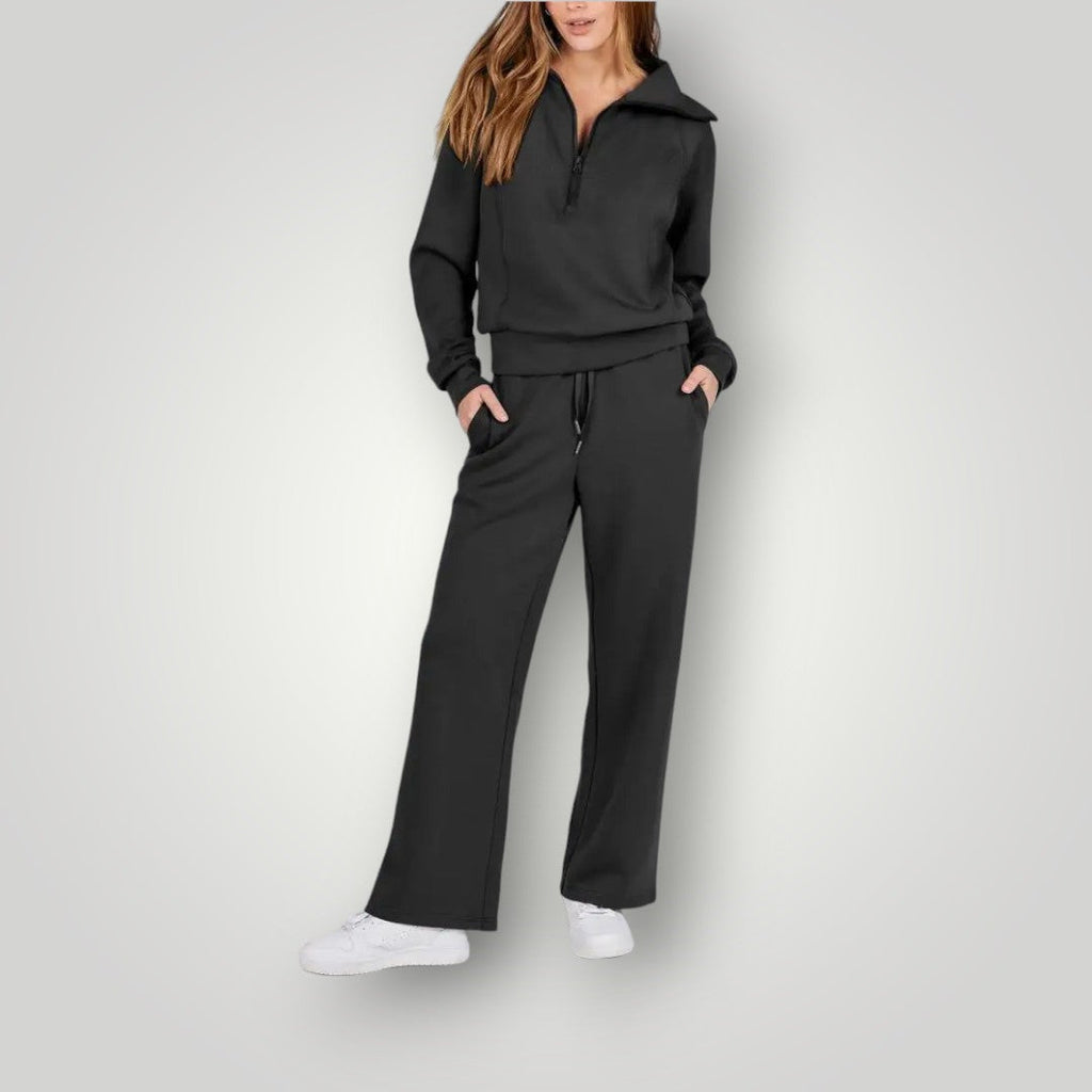 Loungewear-set | Halv dragkedja | Vida ben | Tvådelat set | Träningsdräkt för damer-Mira Lina