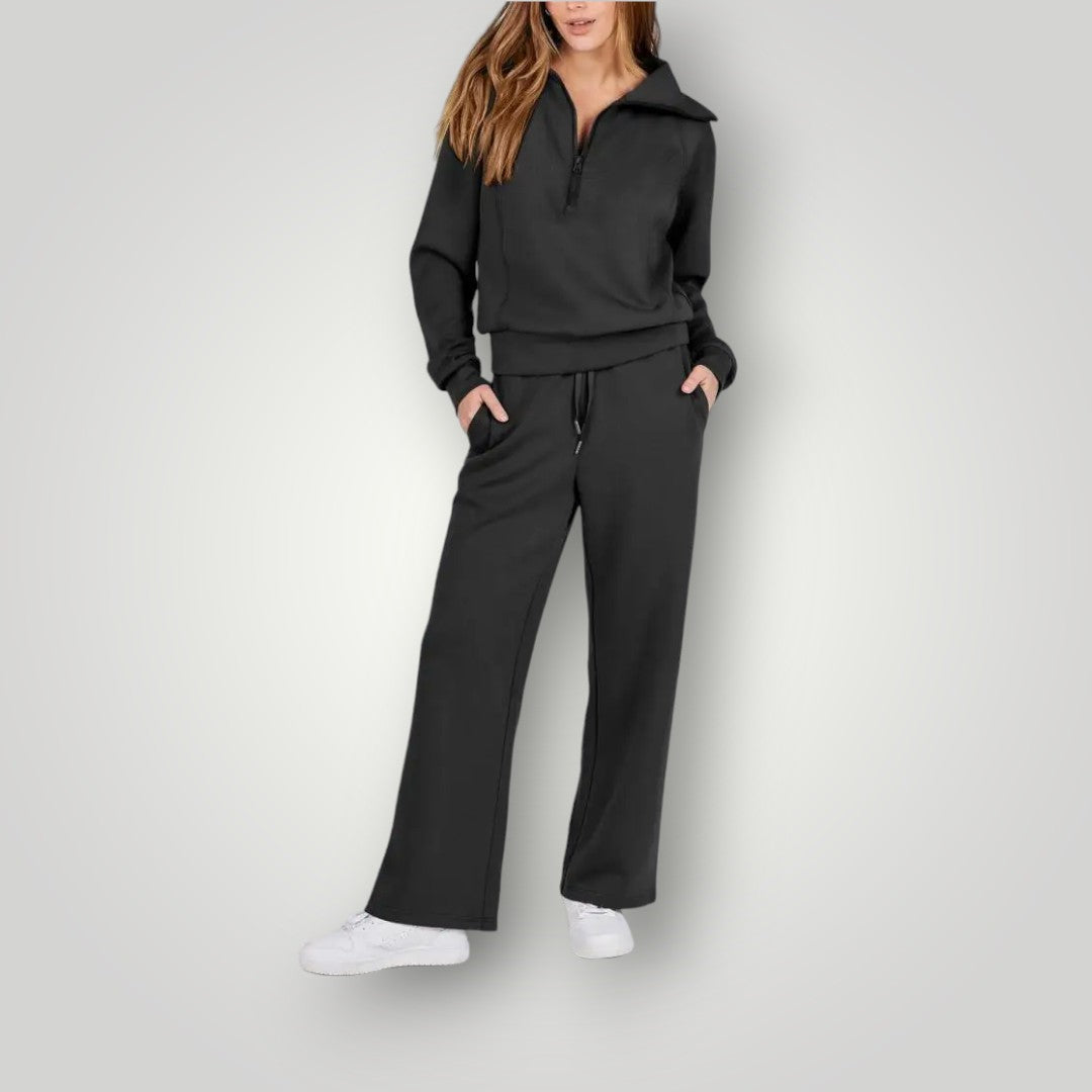 Loungewear-set | Halv dragkedja | Vida ben | Tvådelat set | Träningsdräkt för damer-Mira Lina