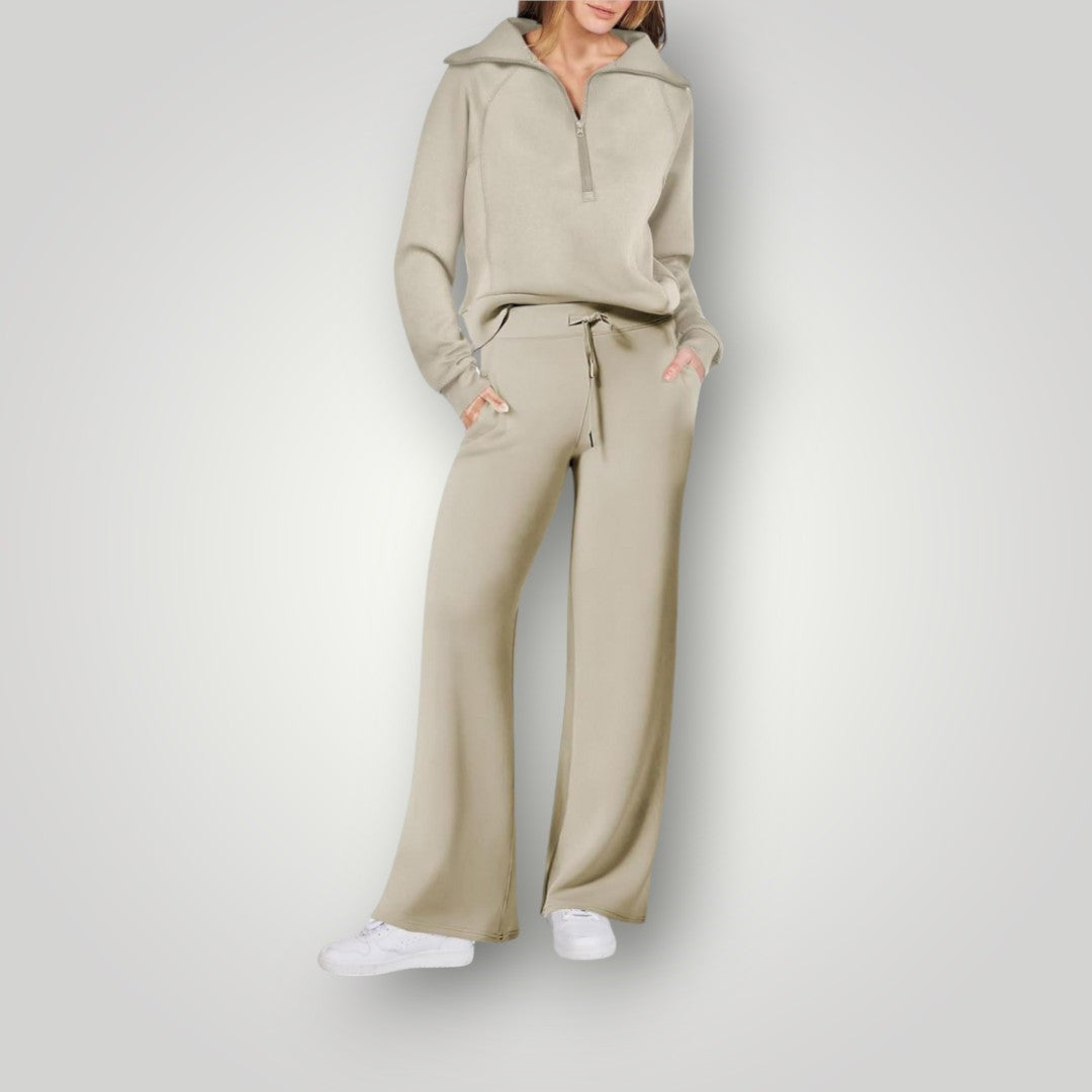 Loungewear-set | Halv dragkedja | Vida ben | Tvådelat set | Träningsdräkt för damer-Mira Lina