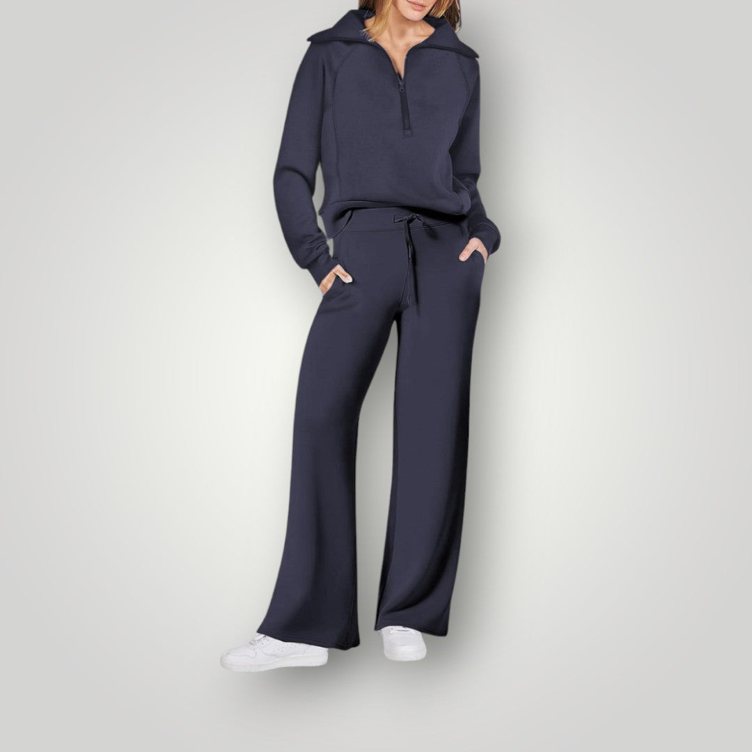 Loungewear-set | Halv dragkedja | Vida ben | Tvådelat set | Träningsdräkt för damer-Mira Lina