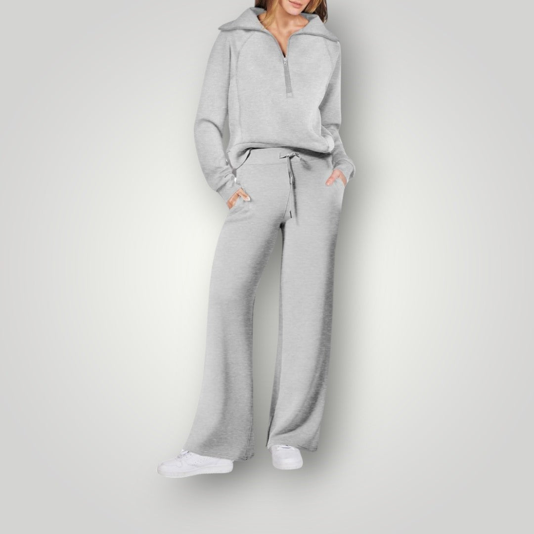 Loungewear-set | Halv dragkedja | Vida ben | Tvådelat set | Träningsdräkt för damer-Mira Lina