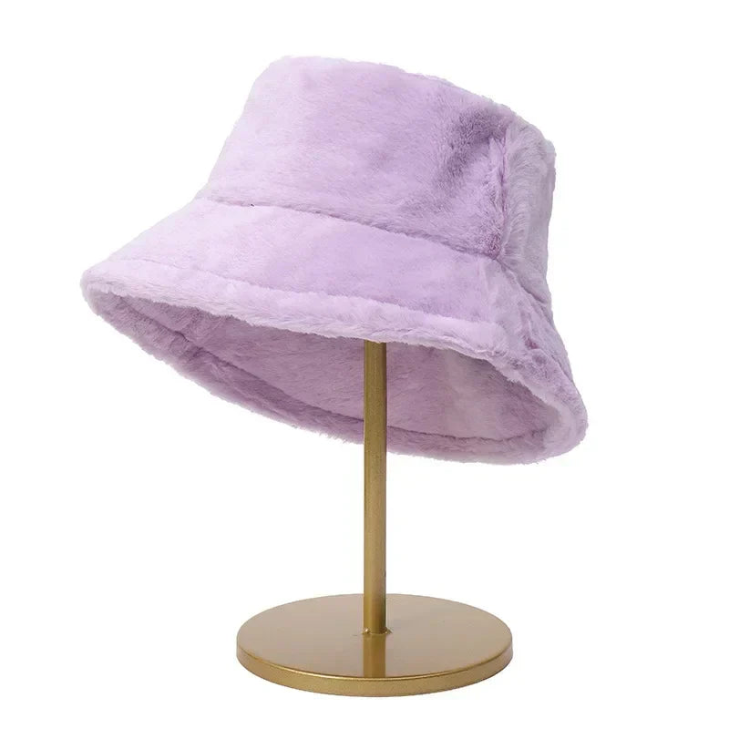 Luddig bucket hatt - kvinnors fluffiga långluggigt tyg bucket hatt för vintern-Mira Lina