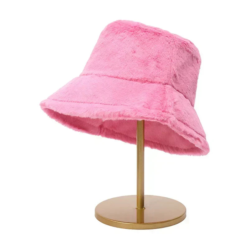 Luddig bucket hatt - kvinnors fluffiga långluggigt tyg bucket hatt för vintern-Mira Lina