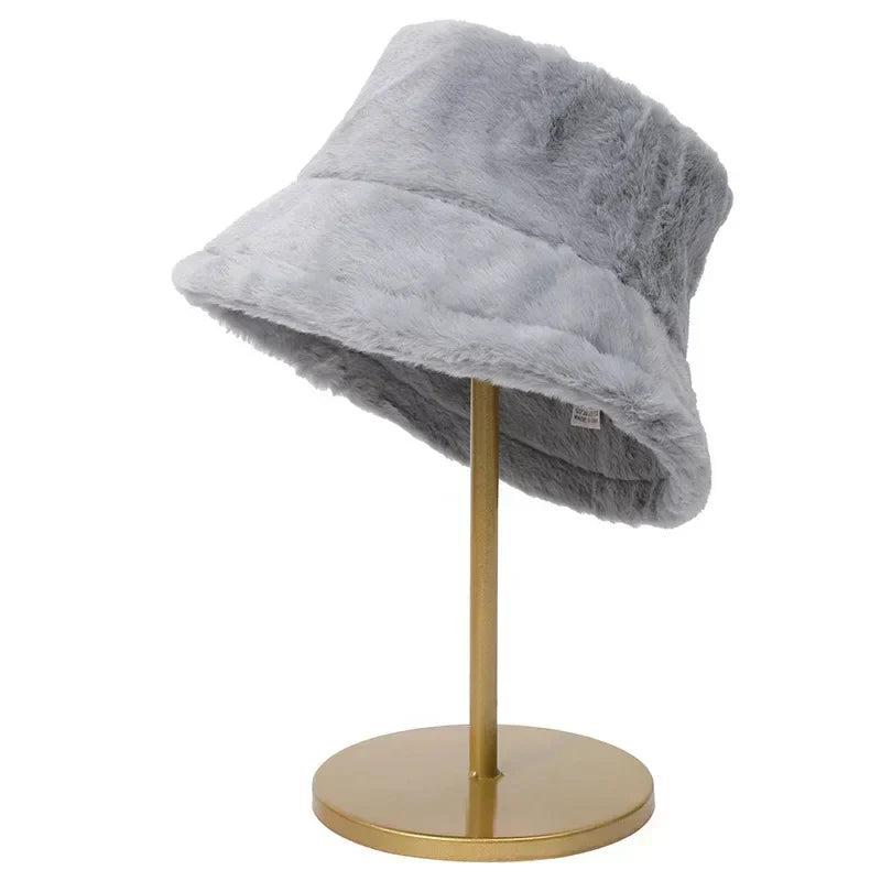 Luddig bucket hatt - kvinnors fluffiga långluggigt tyg bucket hatt för vintern-Mira Lina