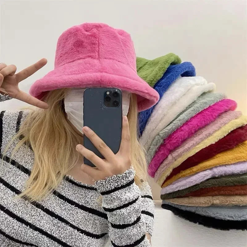 Luddig bucket hatt - kvinnors fluffiga långluggigt tyg bucket hatt för vintern-Mira Lina