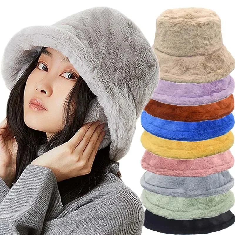 Luddig bucket hatt - kvinnors fluffiga långluggigt tyg bucket hatt för vintern-Mira Lina
