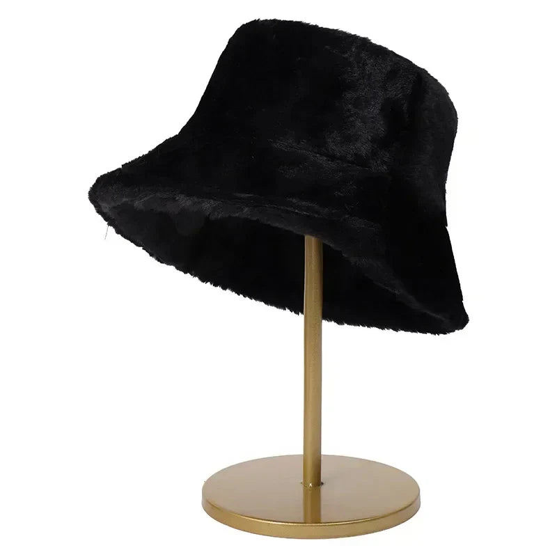 Luddig bucket hatt - kvinnors fluffiga långluggigt tyg bucket hatt för vintern-Mira Lina
