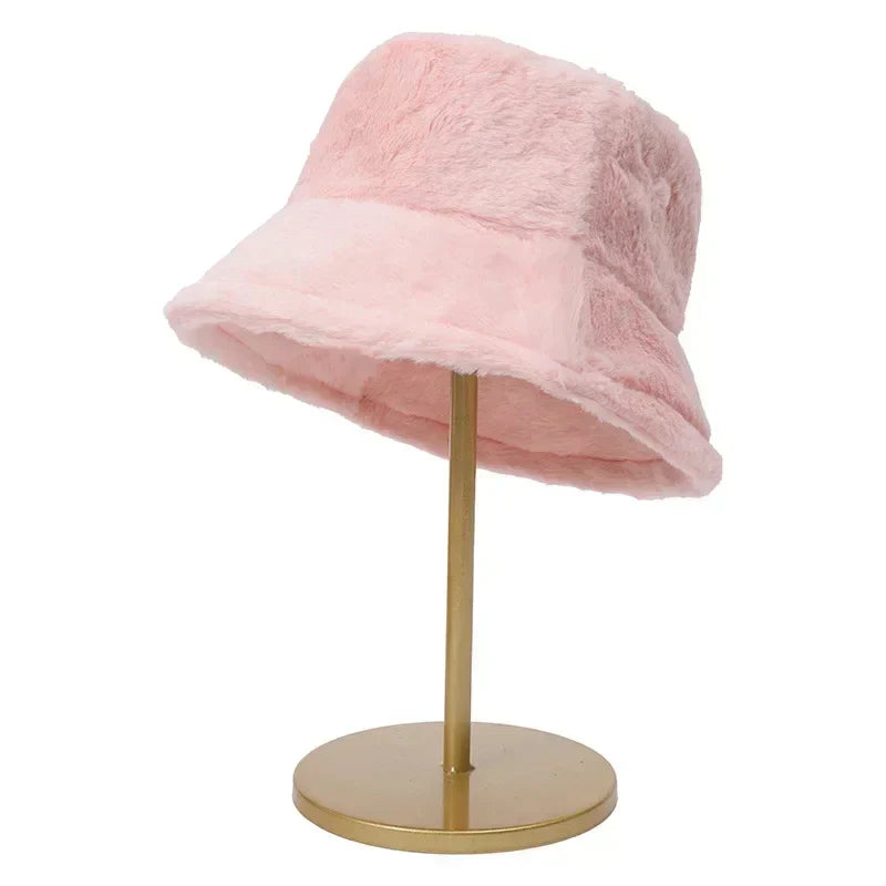 Luddig bucket hatt - kvinnors fluffiga långluggigt tyg bucket hatt för vintern-Mira Lina