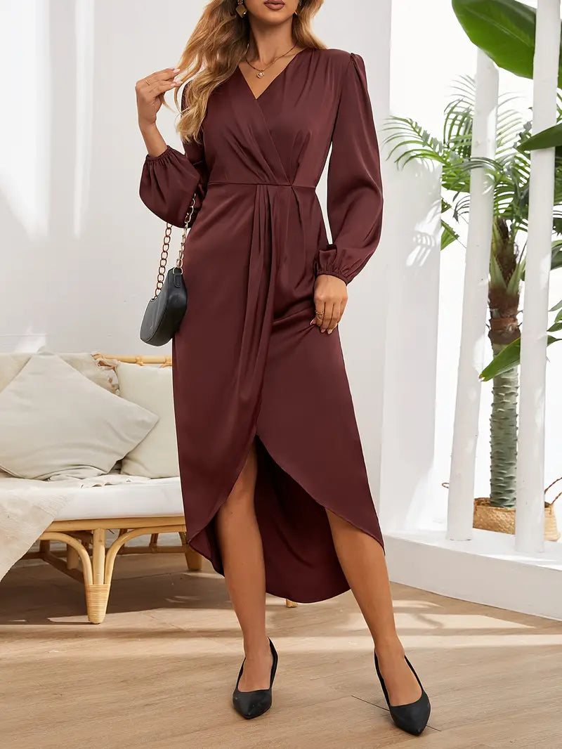 Midiklänning | Långärmad | Asymmetrisk | Omlottklänning | Elegant klänning-Mira Lina