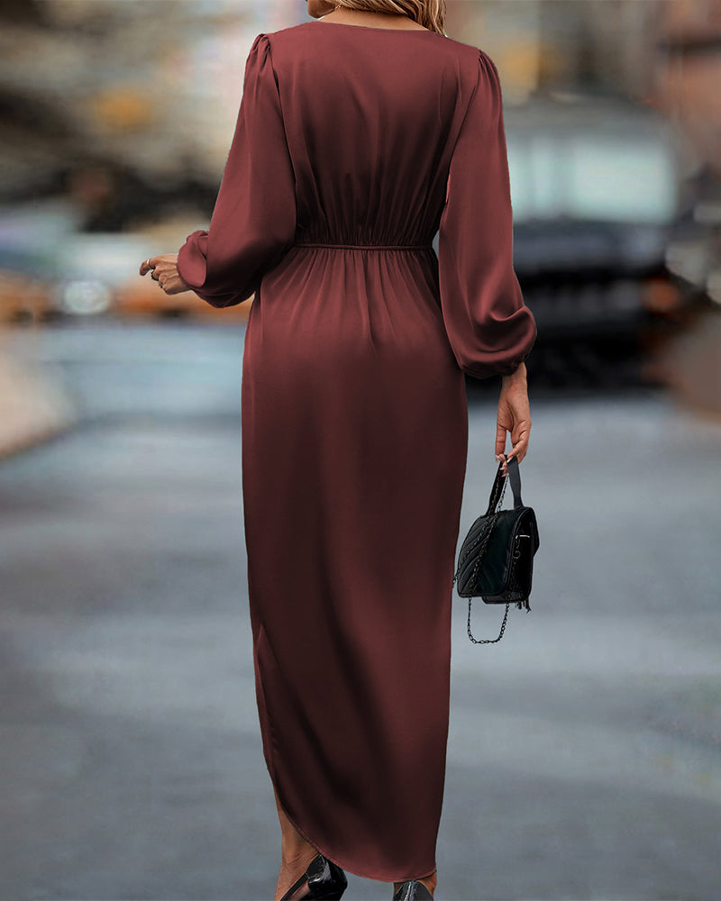 Midiklänning | Långärmad | Asymmetrisk | Omlottklänning | Elegant klänning-Mira Lina
