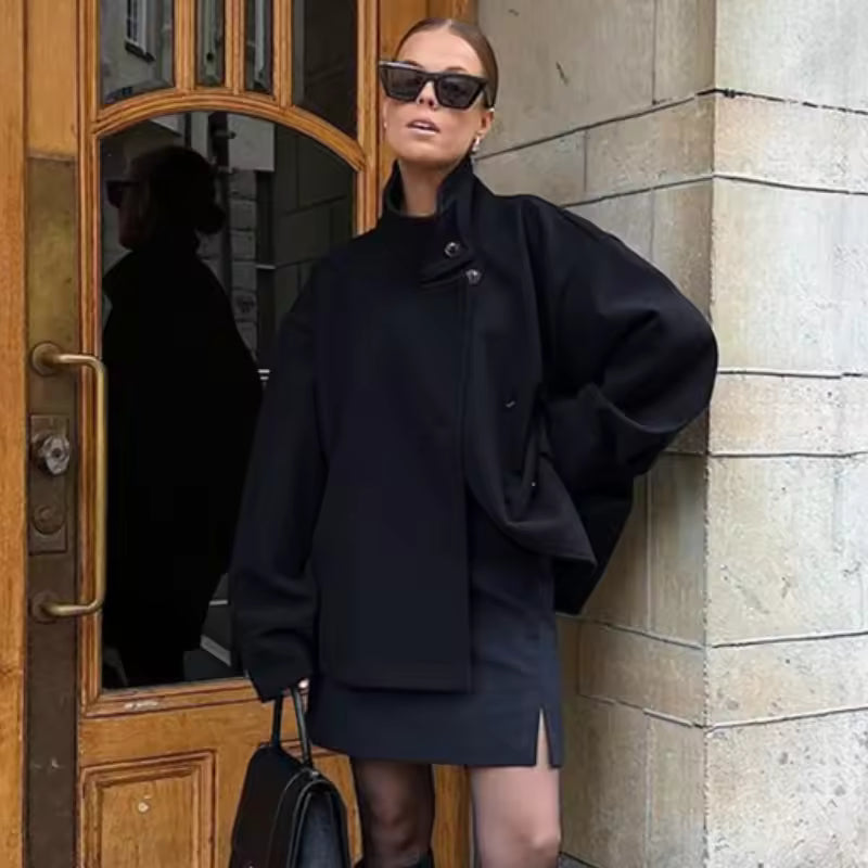 Naturfiberblandningjacka – Kort dubbelknäppt naturfiberblandningkappa för damer-Mira Lina