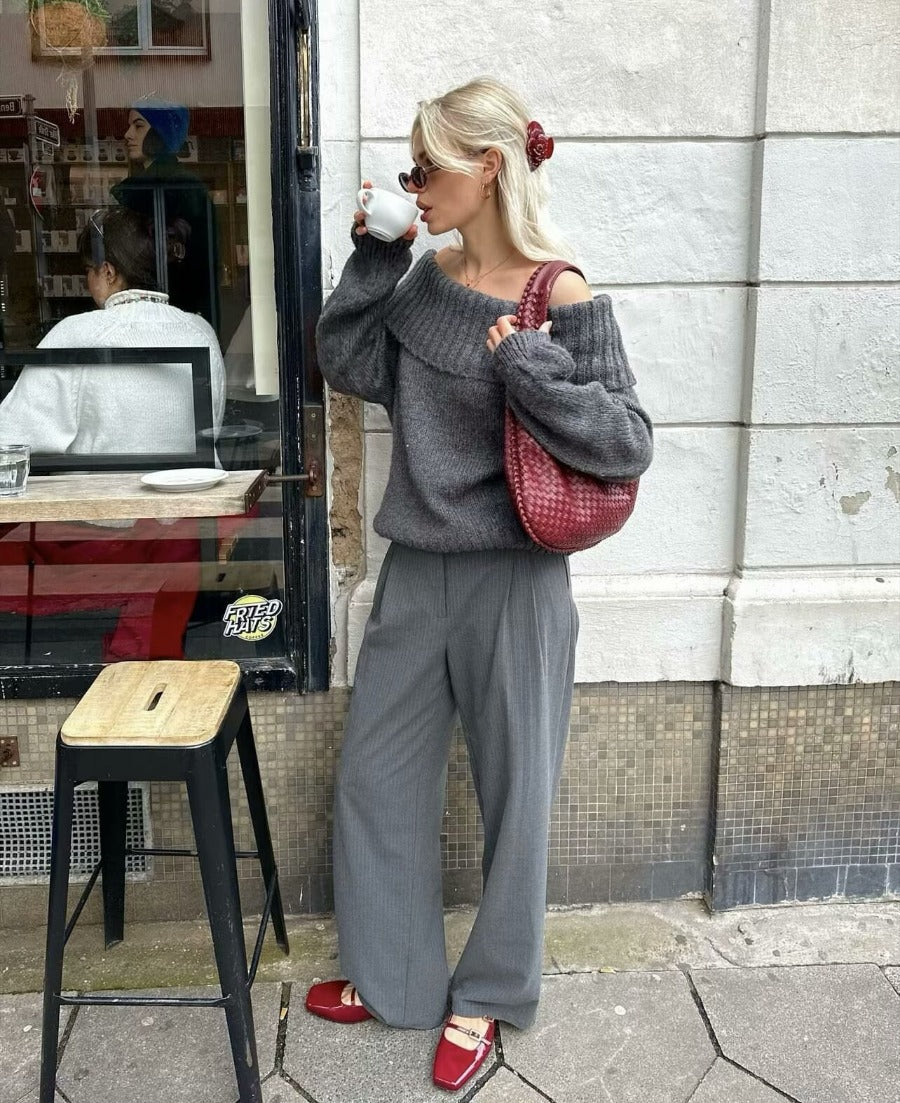 Off-Shoulder Jumper - Grå - Löst sittande - Stickad tröja - Stickade plagg för damer-Mira Lina