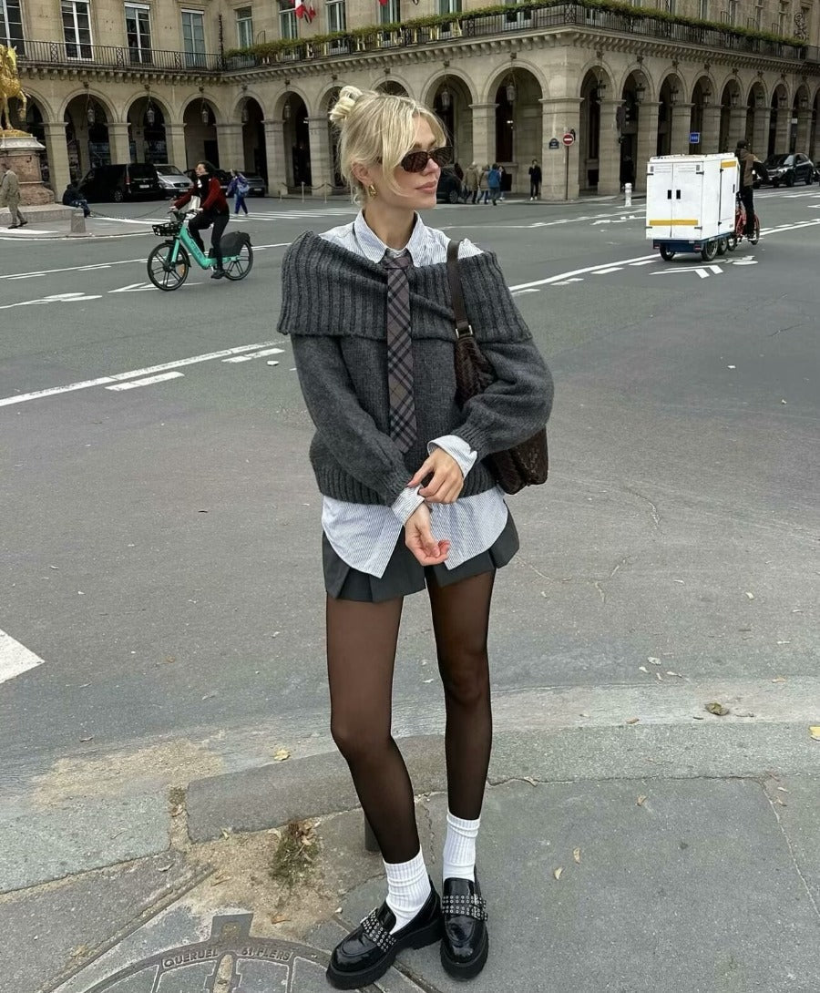 Off-Shoulder Jumper - Grå - Löst sittande - Stickad tröja - Stickade plagg för damer-Mira Lina