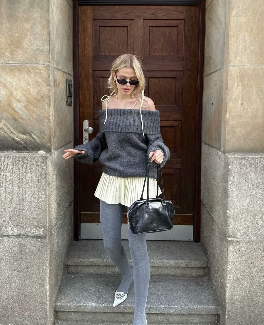 Off-Shoulder Jumper - Grå - Löst sittande - Stickad tröja - Stickade plagg för damer-Mira Lina