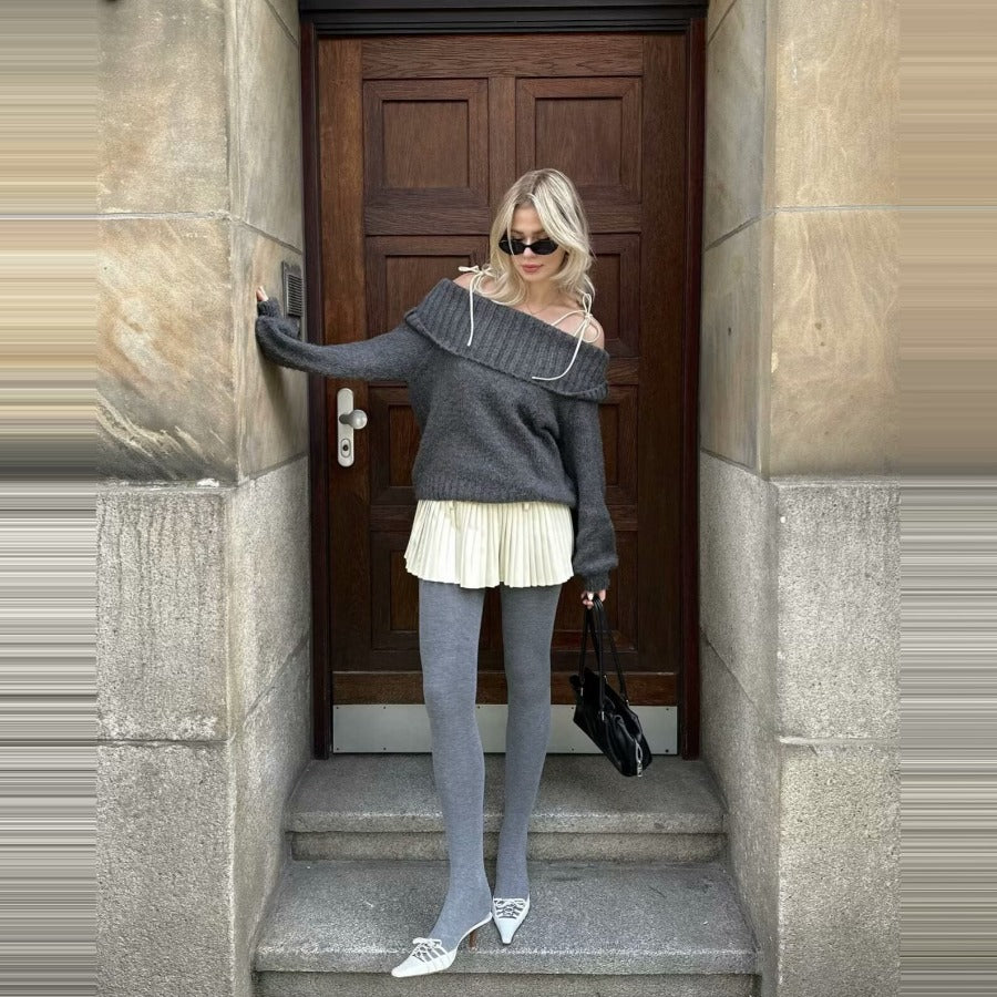 Off-Shoulder Jumper - Grå - Löst sittande - Stickad tröja - Stickade plagg för damer-Mira Lina