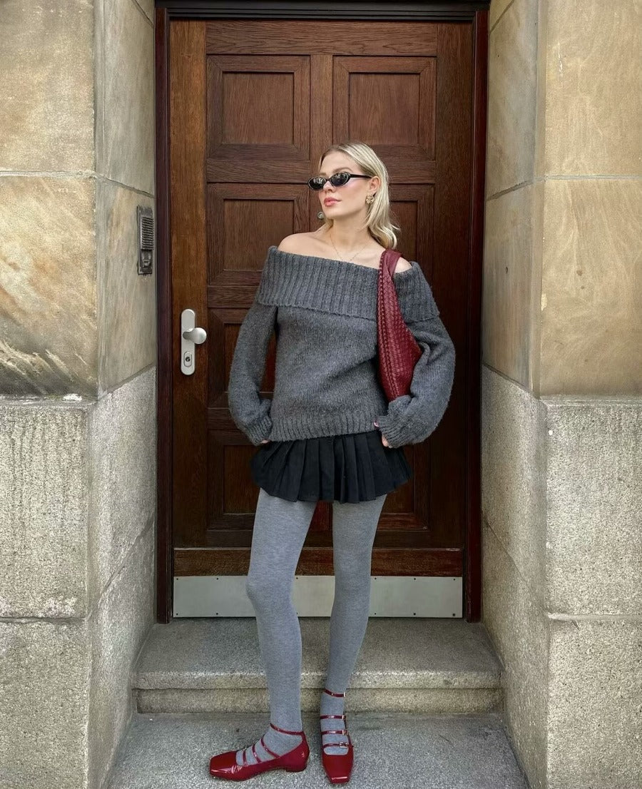 Off-Shoulder Jumper - Grå - Löst sittande - Stickad tröja - Stickade plagg för damer-Mira Lina