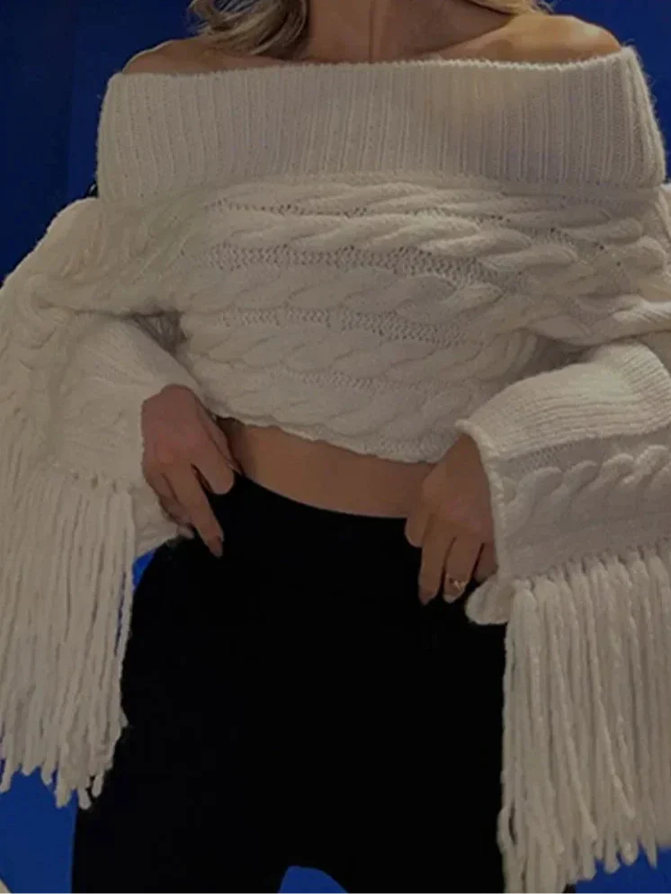 Off-Shoulder Jumper | Vit | Tassel | Kabelstickad tröja | Damtröja-Mira Lina