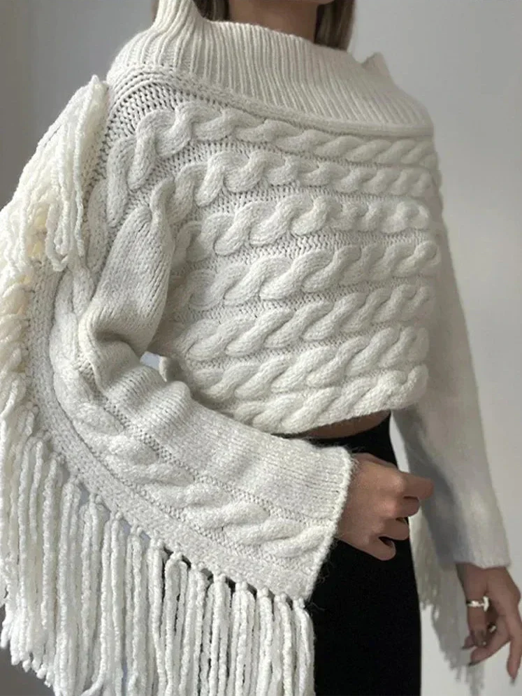 Off-Shoulder Jumper | Vit | Tassel | Kabelstickad tröja | Damtröja-Mira Lina