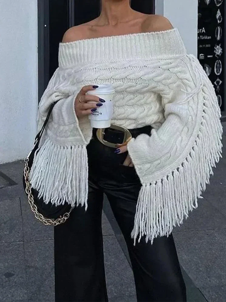Off-Shoulder Jumper | Vit | Tassel | Kabelstickad tröja | Damtröja-Mira Lina