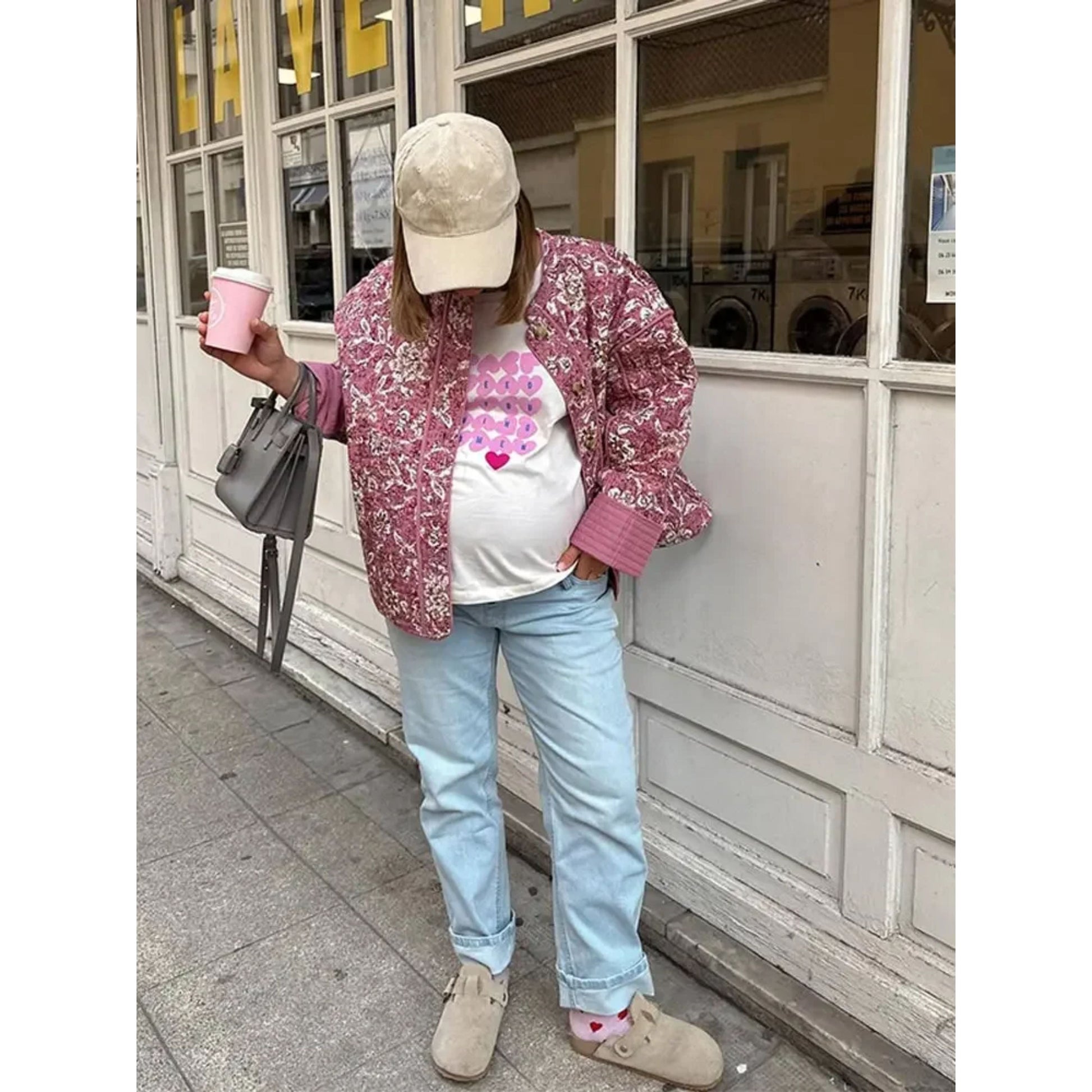 Överdimensionerad Jacka – Damjacka i rosa med blommönster och tunn quiltning-Mira Lina