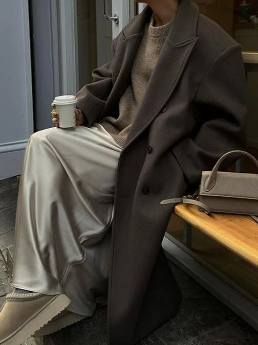 Överdimensionerad Naturfiberblandningkappa – Damkapp med dubbla knäppningar och lång naturfiberblandningkappa-Mira Lina