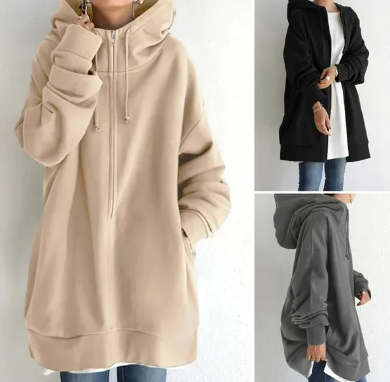 Överdimensionerad hoodie – dammodell med lös passform och lång dragkedja-Mira Lina