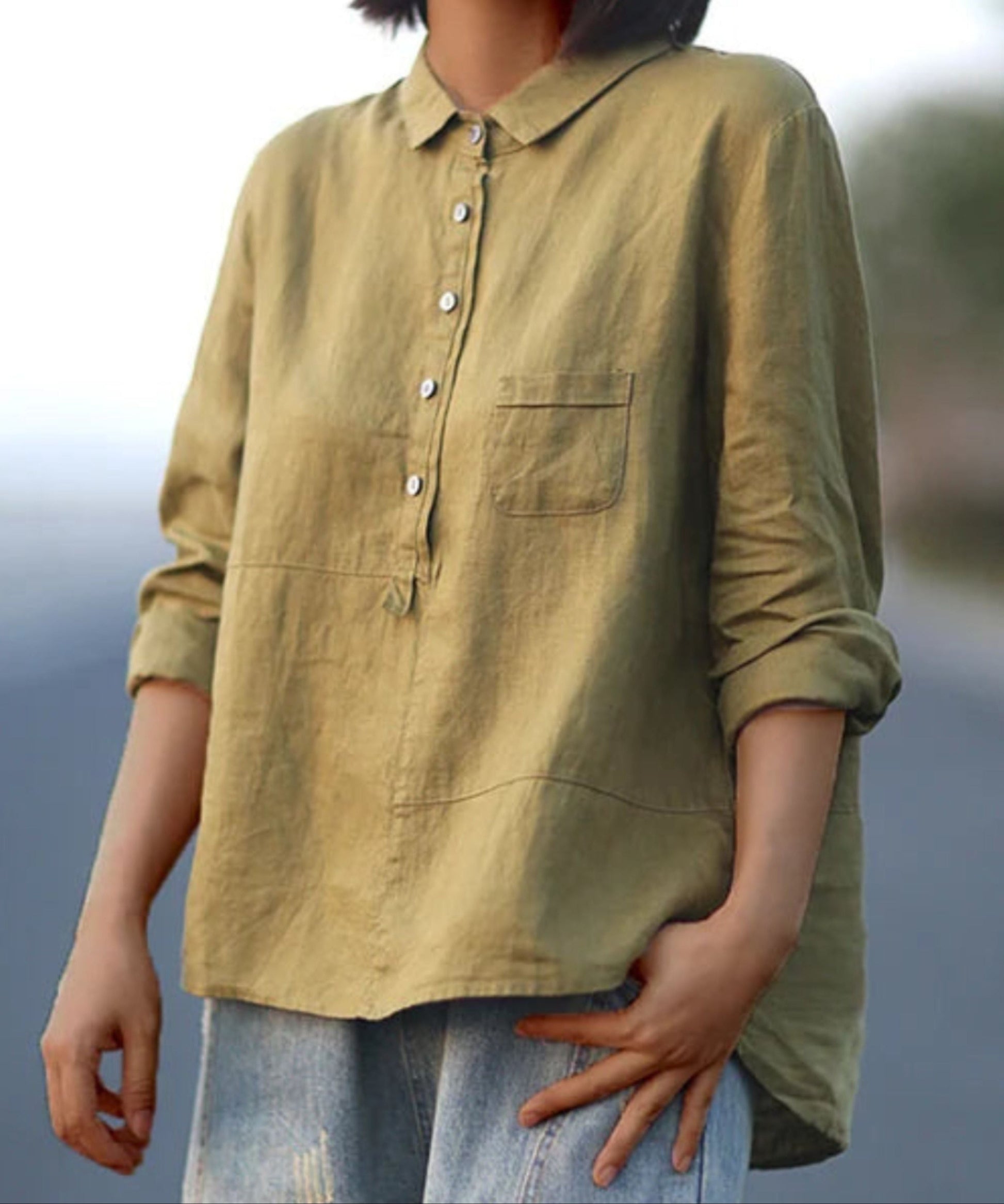 Överdimensionerad skjorta – slubväv – krage – överdimensionerad blus – damskjorta-Mira Lina