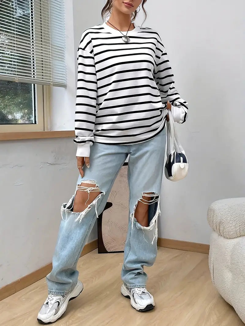 Överdimensionerad sweatshirt - Randig - Rund hals - Överdimensionerad pullover - Damksyntetmaterial med struktur-Mira Lina