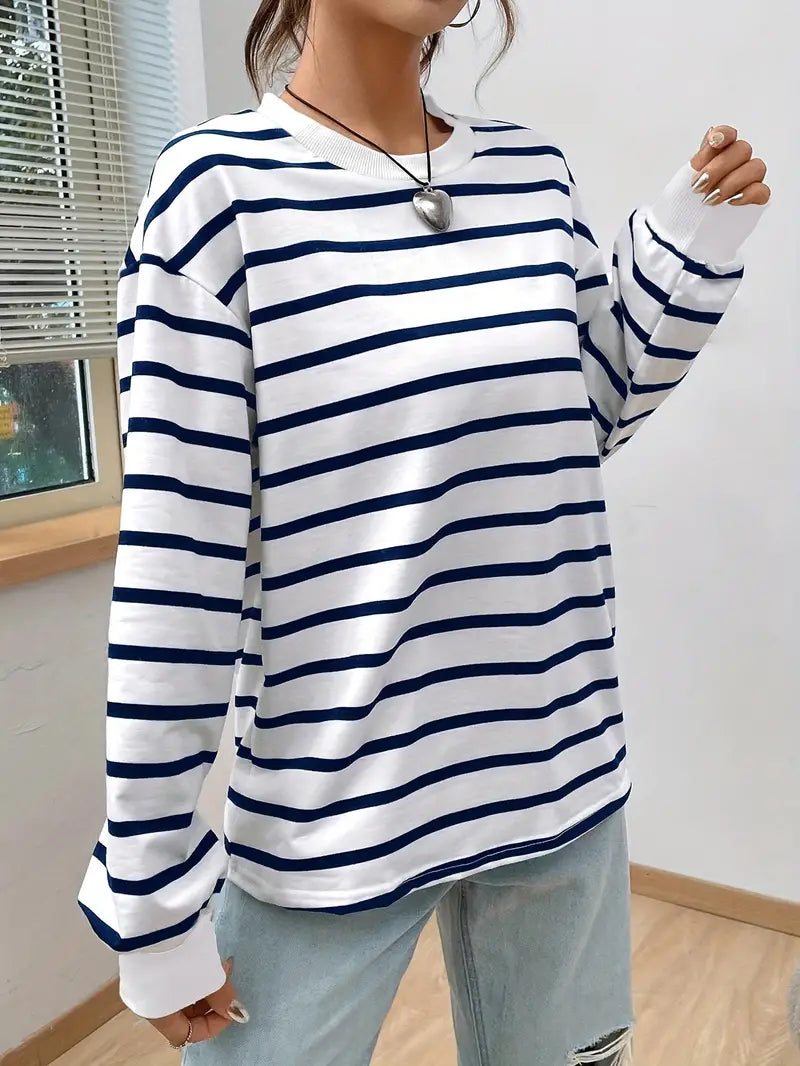 Överdimensionerad sweatshirt - Randig - Rund hals - Överdimensionerad pullover - Damksyntetmaterial med struktur-Mira Lina