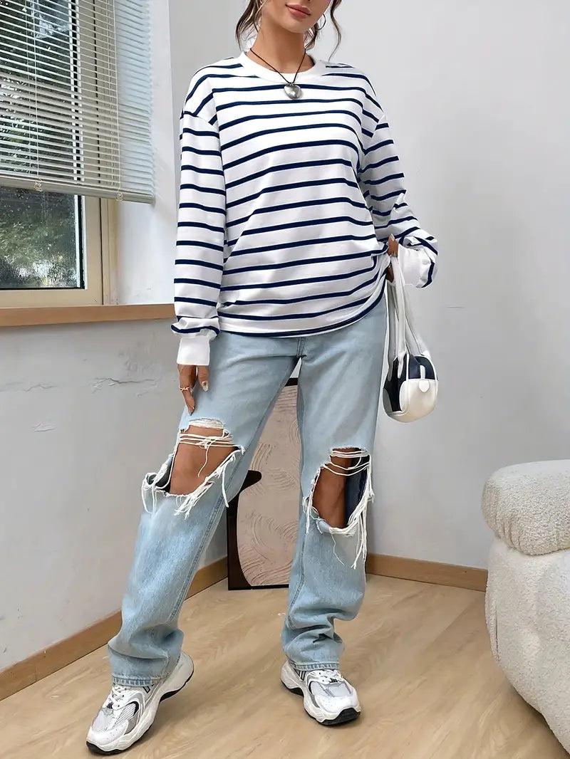 Överdimensionerad sweatshirt - Randig - Rund hals - Överdimensionerad pullover - Damksyntetmaterial med struktur-Mira Lina