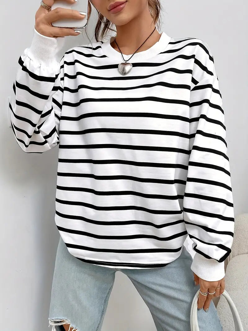Överdimensionerad sweatshirt - Randig - Rund hals - Överdimensionerad pullover - Damksyntetmaterial med struktur-Mira Lina