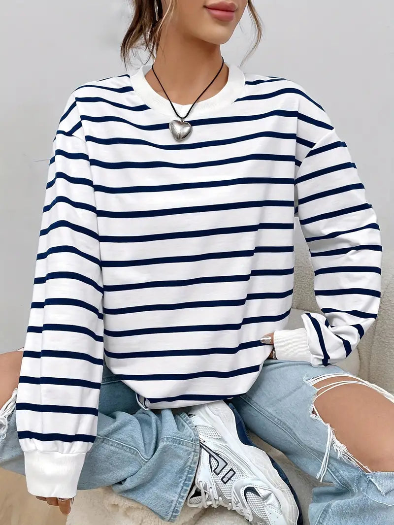 Överdimensionerad sweatshirt - Randig - Rund hals - Överdimensionerad pullover - Damksyntetmaterial med struktur-Mira Lina