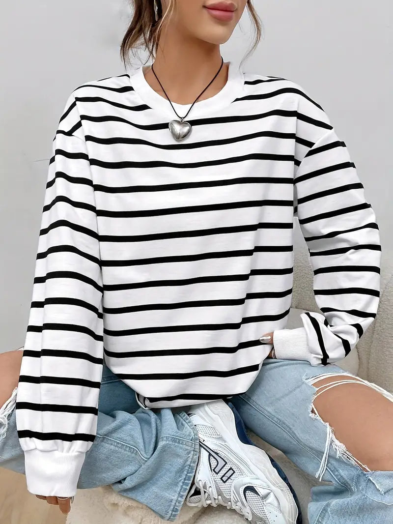 Överdimensionerad sweatshirt - Randig - Rund hals - Överdimensionerad pullover - Damksyntetmaterial med struktur-Mira Lina