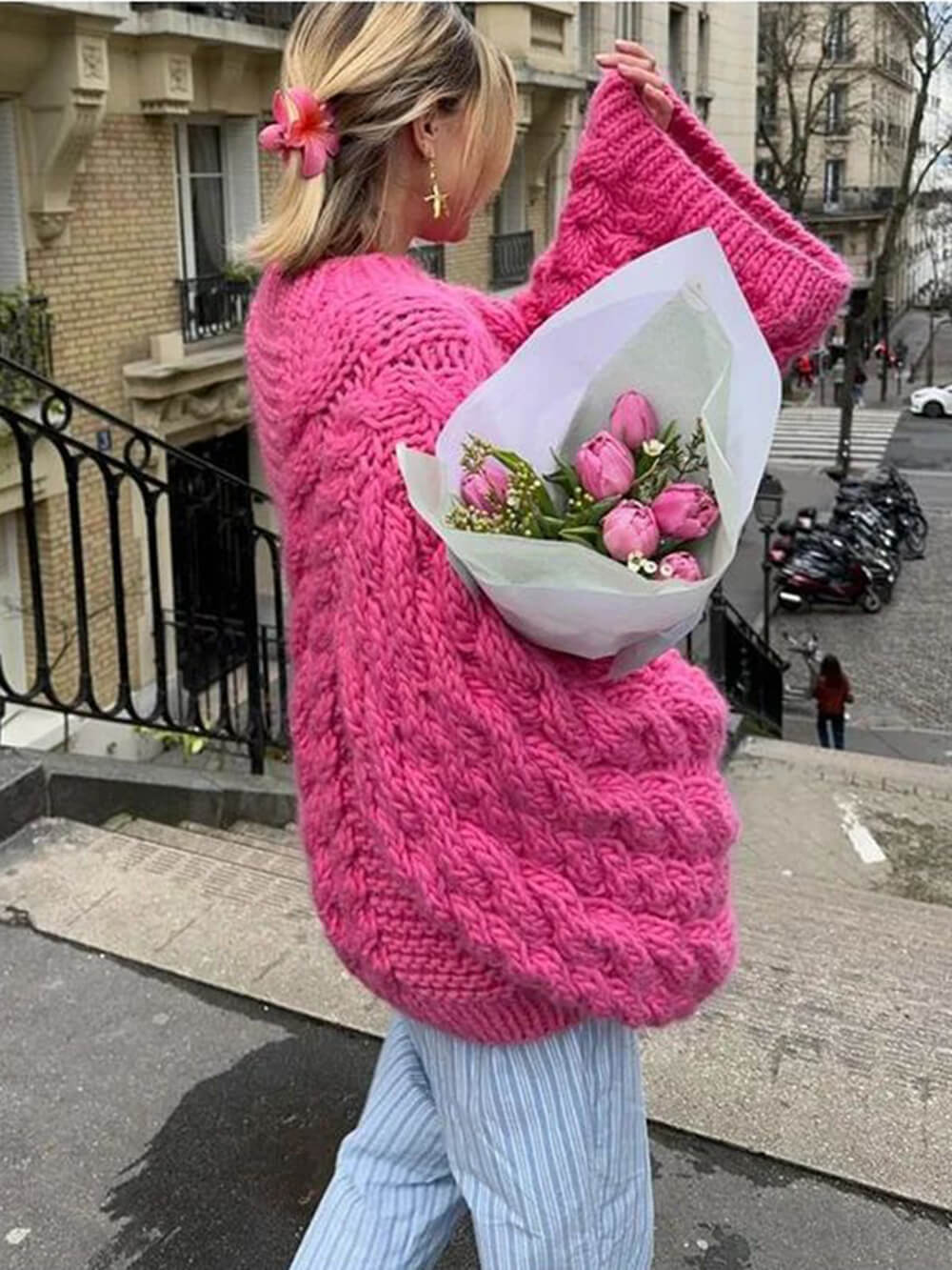 Överdimensionerad tröja – Grovstickad – Kabelstickad – Stickad tröja – Damtröja-Mira Lina