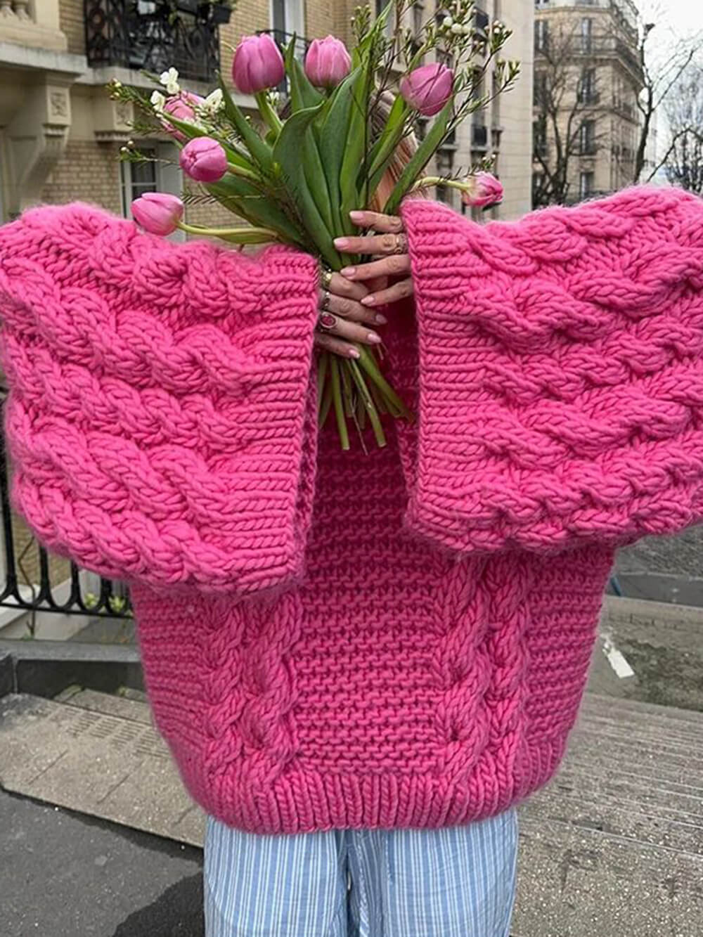 Överdimensionerad tröja – Grovstickad – Kabelstickad – Stickad tröja – Damtröja-Mira Lina