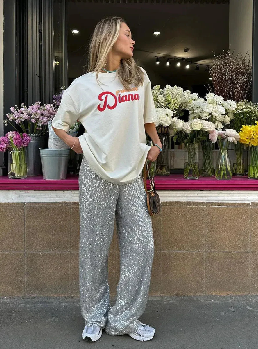 Paljettbyxor – Glittrande – Glitter – Byxor med vida ben – Paljettbyxor för damer-Mira Lina